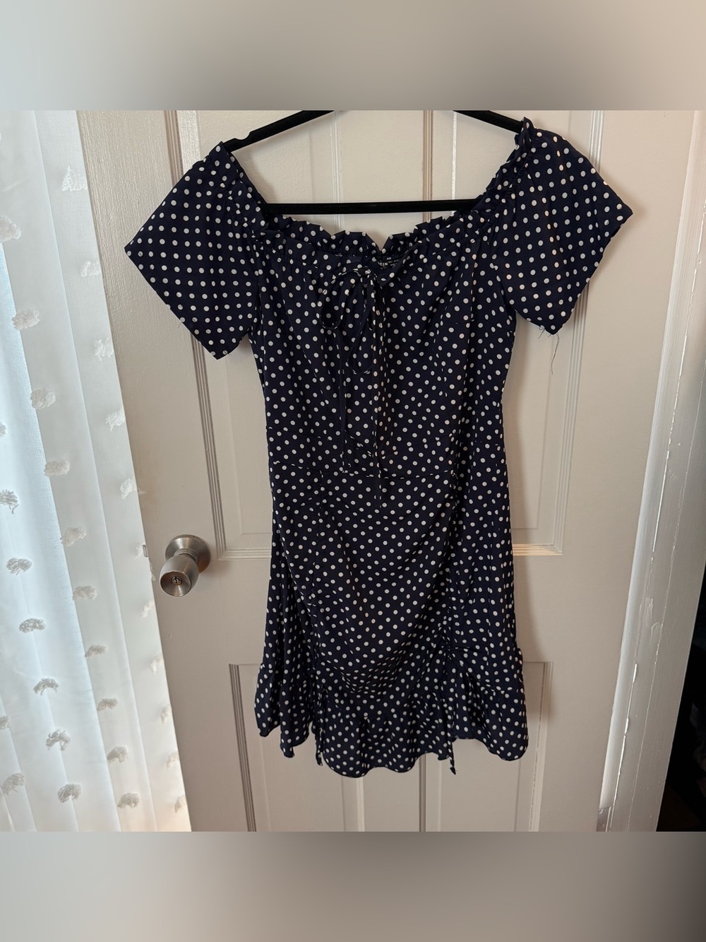 SHEIN Navy Blue Polka Dot Off-Shoulder Mini Dress